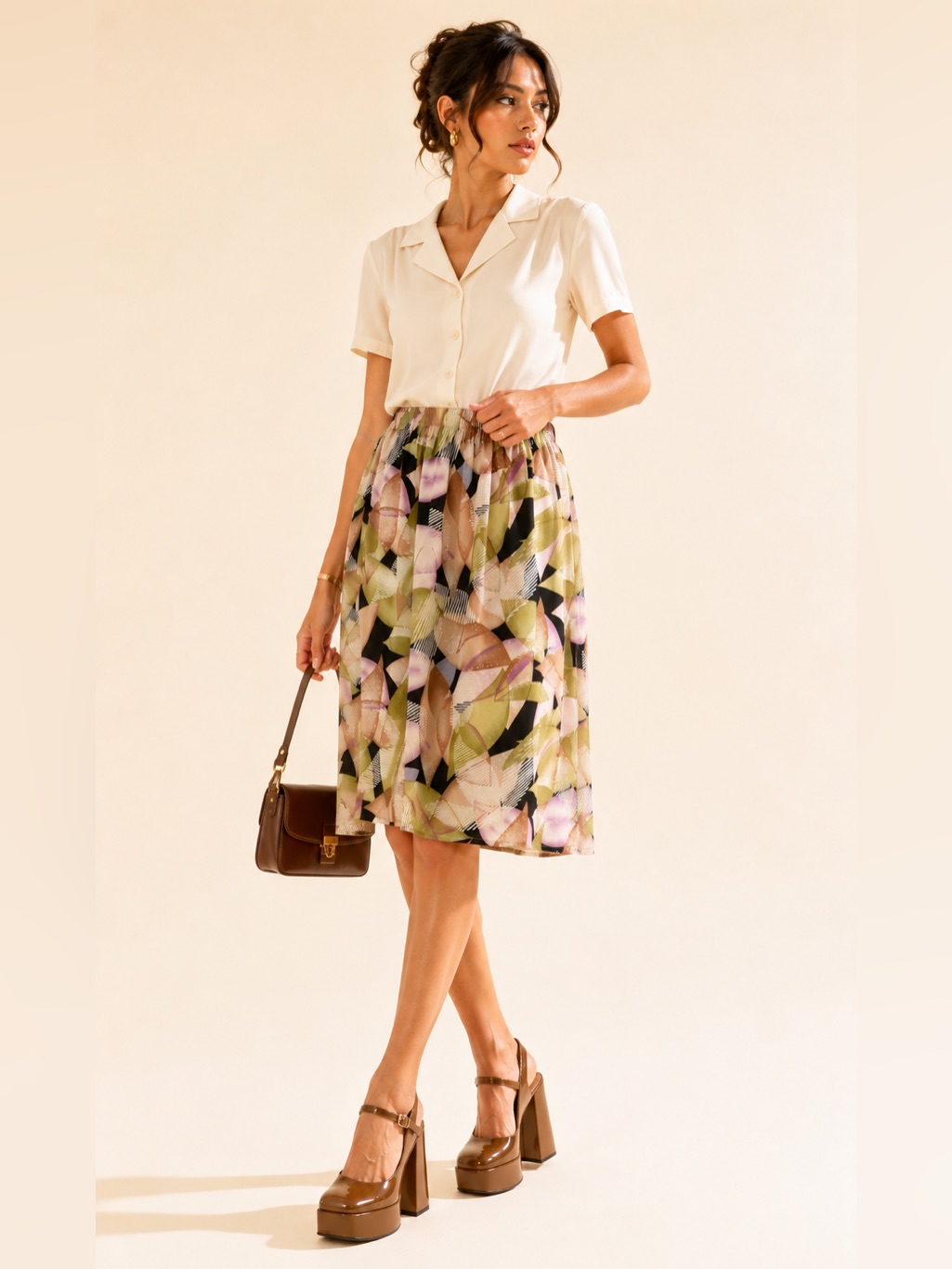 Vintage Geometric Midi Skirt Abstract Print Made Canada Chartreuse Blush Size 16
